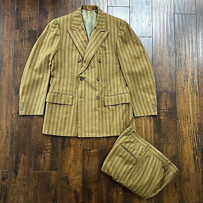 #ad Vtg Custom Tailored Double Breast Suit Mens Mustard Brown Stripe Wool 38S 31W $450.00