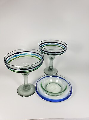 #ad Pair of Handblown Mexican Blue and Green Margarita Glasses and Salt Rim Dish $60.00