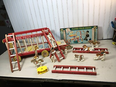 #ad Vintage Fisher Price Wooden Circus Wagon Figures and accessories 1963 $76.50