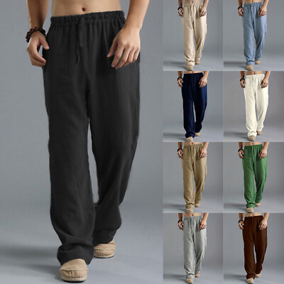 #ad Mens Solid Cotton Linen Baggy Long Pants Casual Loose Beach Buttoms Trousers $21.46
