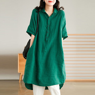 #ad Women Summer Cotton Linen T Shirt Dress Baggy Blouse Long Tunic Tops Mini Dress $23.99