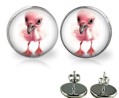 #ad Cartoon Baby Flamingo Girls Stud Earrings in 3 Sizes Handcrafted Jewelry $11.95