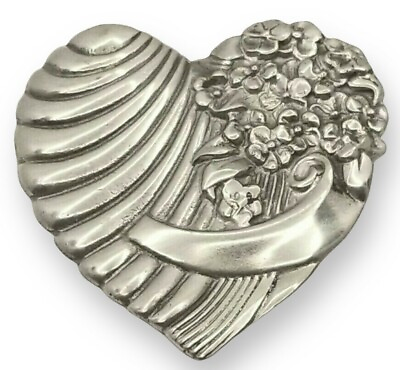 #ad Vintage Fine Pewter Floral Heart Brooch Pin Signed ELIOS #322 USA 1990 $11.96
