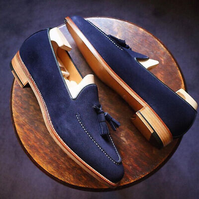 #ad Handmade Blue Suede Leather Tasseled Mocassin Style Slip On Loafer Shoes For Men $156.99