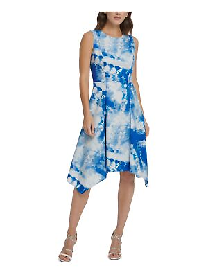 #ad DKNY Womens Blue Handkerchief Hem Sleeveless Midi Fit Flare Dress 2 $46.99