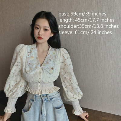#ad Lady Blouse Shirt Crop Top Ruffle Lace Floral Puff Long Sleeve V neck Retro Slim $19.03