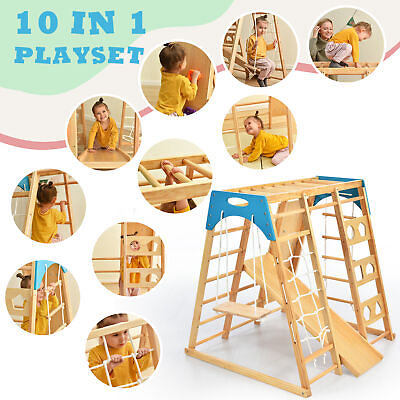 10 in 1 Wooden Kids Playground Jungle Gym Slide Playset Rock Climbing Wall Swing $479.99