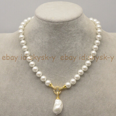 #ad 8 10 12 14mm White South Sea Shell Pearl Round Beads Baroque Pendant Necklace $7.79