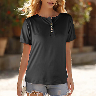 #ad Womens T shirts V Neck Short Sleeve Tops Solid Color Blouse Slim Fit T Shirt $4.95
