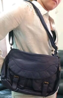 #ad Navy Blue Soft Pebbled Vegan Leather Pleather Handbag Messenger 11quot; H 14quot; L NWT $24.79