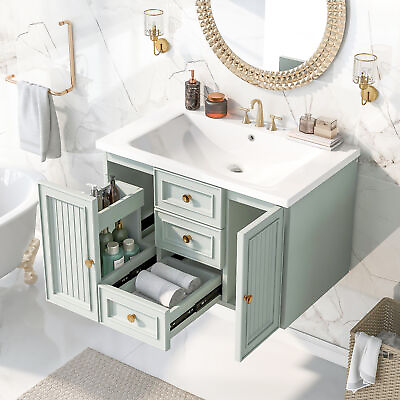 #ad 30quot; Wall Mounted Bathroom Vanity Cabinet w Ceramic SinkFloating Vanity3 Drawer $328.00