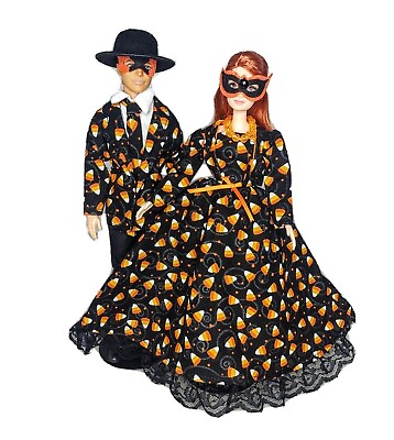 #ad OOAK Candy Corn Halloween Suit Masquerade Ball Gown Barbie Ken Doll Set Handmade $124.99
