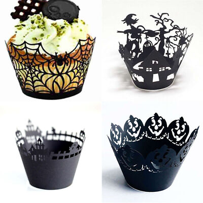 #ad Cupcake Wrapper For Party Black Lace Halloween Pumpkin Baking Cup 12PCS Set $7.14