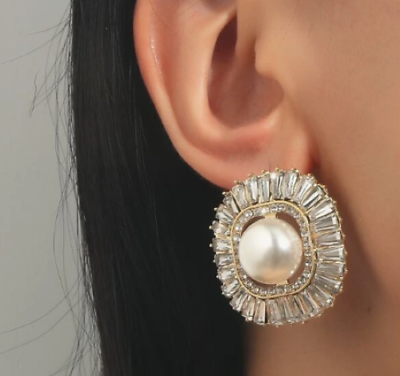 #ad Large Pearl Stud Earrings Big Pearl Earrings Rhinestone Bridal Wedding Jewelry $13.95