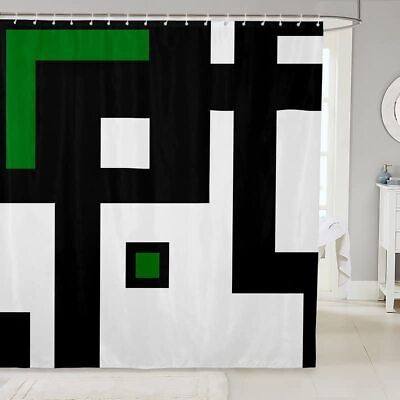 #ad Green White Black Abstract Bathroom Curtain Modern Geometric Grid Shower Curt... $20.28