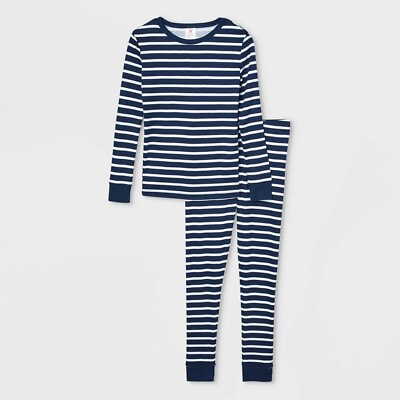 #ad Kids Striped 100% Cotton Tight Fit Matching Family Pajama Top Only Navy 6 Blue $2.08