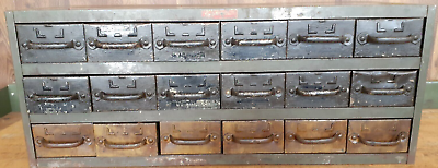 #ad Antique Equipto 18 Drawer Metal Parts Cabinet 12quot; deep original 5 1 4quot; drawers $125.00