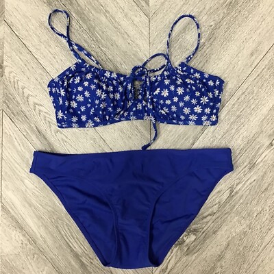 #ad Xhilaration Womens Bikini Swimsuit Blue White Floral Print Hipster Padded L New $11.39