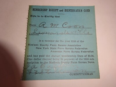 #ad 1936 Madison County Farm Bureau Association Membership Receipt Identification $7.00