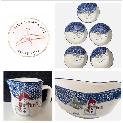 #ad Thomson Pottery Snowman Winter Snow 7 Pieces Creamer 5 Soup Bowls Gravy Boat $34.00