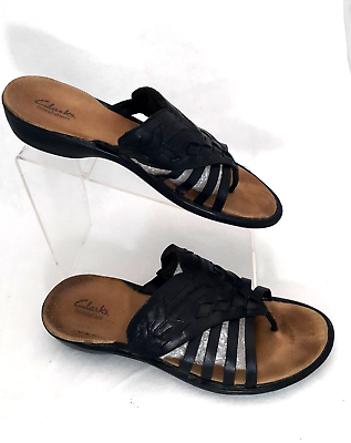 #ad Clarks Bendable Sandals Women Size 9.5M Black Slip on Comfort Flat flip Flop $19.95