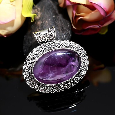 #ad Purple Amethyst Gemstone Vintage 925 Sterling Silver Pendant Handmade Jewelry $11.99