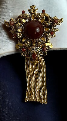 #ad Vintage Victorian Medallion Gold Tone Brooch Chain Tassel 3 in $22.98