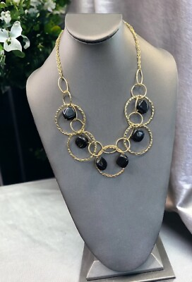 #ad Ladies Statement Necklace Black Gold 18” Chain Bib Dangle Circles $24.20