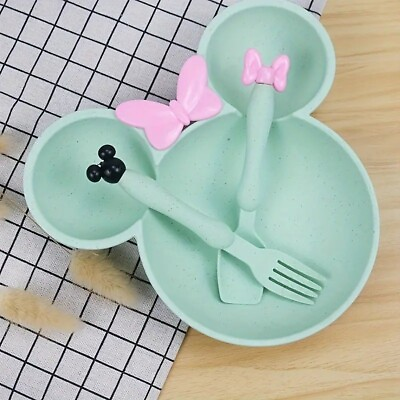 #ad Mickey Minnie Mouse Bowl With Spoon And Fork Ears Green Disney Mouse Ear Shape $12.99