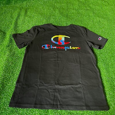 #ad Champion Multicolor Big Logo Short Sleeve Crew Neck Black T Shirt Youth Size XL $10.00