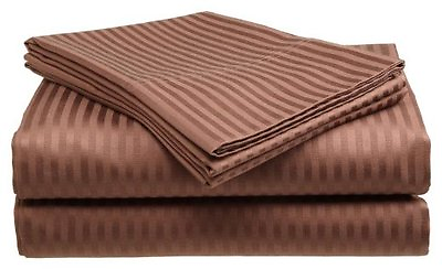 #ad Full Size Coffee 400 Thread Count 100% Cotton Sateen Dobby Stripe Sheet Set $24.99