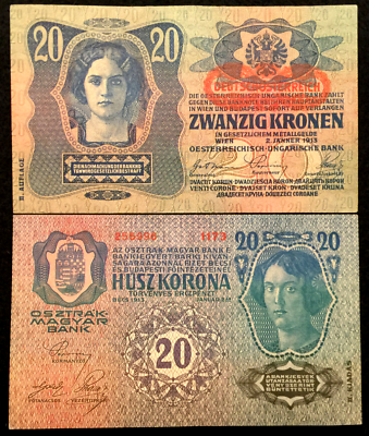 #ad Austria 20 Krone 1913 P53 FINE Oesterreichisch ungarische Bank 100 Yrs Old $5.45