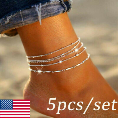 #ad 5Pcs 925 Silver Ankle Bracelet Foot Chain Women Beach Anklet Jewelry Gift US $2.12