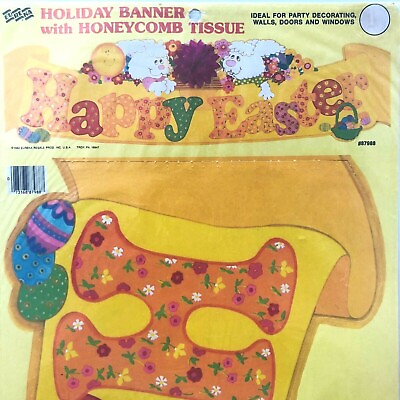 #ad Vintage Eureka Happy Easter Banner Die Cut 1980s 45x12 Honeycomb Tissue Flower $32.99