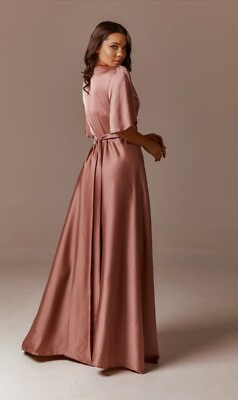 #ad rose pink party satin silk wrap maxi dress for women flared sleeve v neckline $130.00
