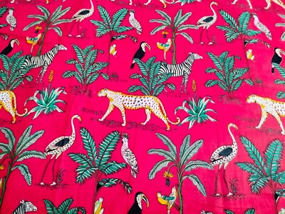 #ad Indian Vintage Red Fabric Handmade Cotton Running Crafts Printed Animal Cotton $44.09