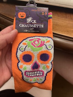 #ad Spooky Orange Halloween Skull CREW Socks Novelty Size 5 9 $4.99