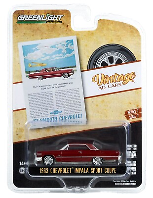 #ad 1:64 GreenLight *VINTAGE AD CARS 7* Red 1963 Chevrolet Impala Sport Coupe *NIP* $6.99
