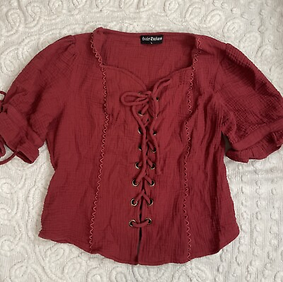 #ad Scarlet Darkness Red Lace Up Peasant Top Womens Large Fairy Goth $29.00