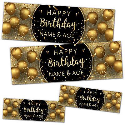#ad 2 x Small 2 x Large Banner Happy Birthday Personalised Banners Black Gold Print GBP 15.99