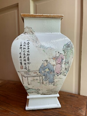 #ad Antique Chinese Famille Rose Square Vase w Figures And Poet. 浅降彩 $6950.00
