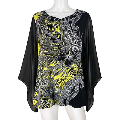 #ad Alfani Blouse Top 2X Long Sleeve Embellished Neck Yellow Black Floral Stretch $14.39