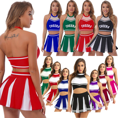 #ad Women Cheer Leader Costume Crop Top with Mini Skirt Cheerleading Uniform Outfits $19.44