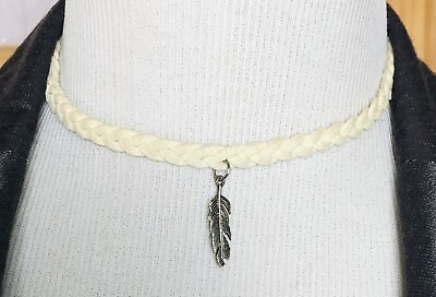 #ad Braided Ivory Leather Cord Choker Necklace 12 16” Silver Toned Feather Charm $5.99