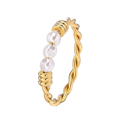 #ad New Stainless Steel Twist Braided Pearls Ring for Women Stackable Wedding Ring $8.99