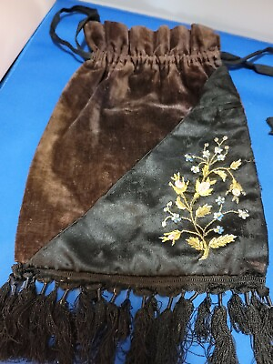 #ad Vintage Purse Antique Hand Bag Drawstring Brown Velvet $33.20