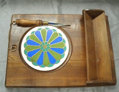 #ad Vtg Price Wooden Cheese Board w Cracker Tray amp; Knife on a Chain 1970#x27;s Tile EC $19.95