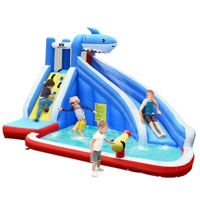 #ad Kids Inflatable Outdoor Water Park Splash Pool Slide Shark Bounce House Castle $266.95