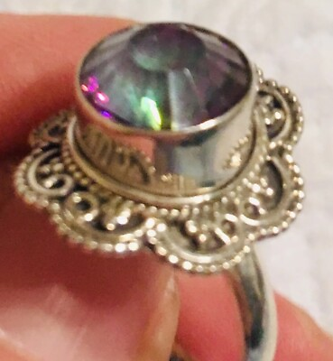 #ad Mystic Topaz Sterling Silver Flower Ring Size 9 Oxidized Vintage Rainbow Sparkle $60.00