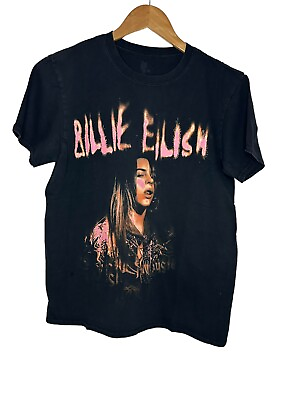 #ad Billie Eilish Face Promo T shirt Black Official Neon Orange Image Size Medium $18.00